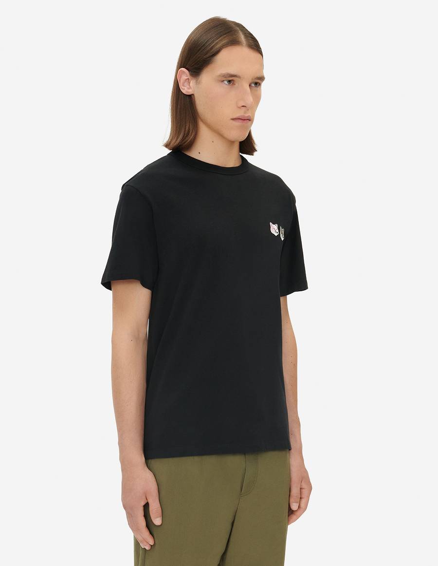 Black Men's Maison Kitsune Double Monochrome Fox Head Patch Classic T Shirts | AU-K0476