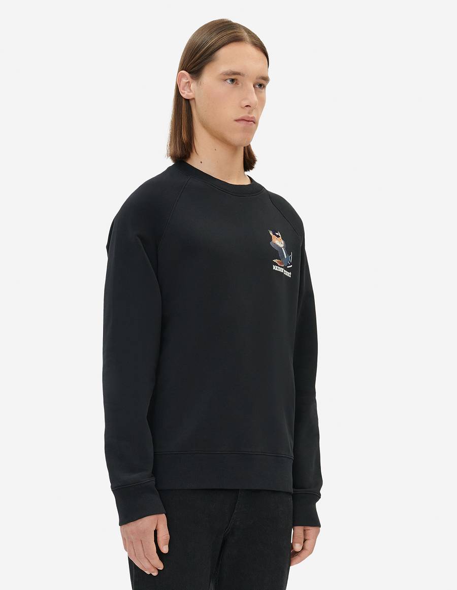 Black Men's Maison Kitsune Dressed Fox Print Clean Sweatshirts | AU-J367