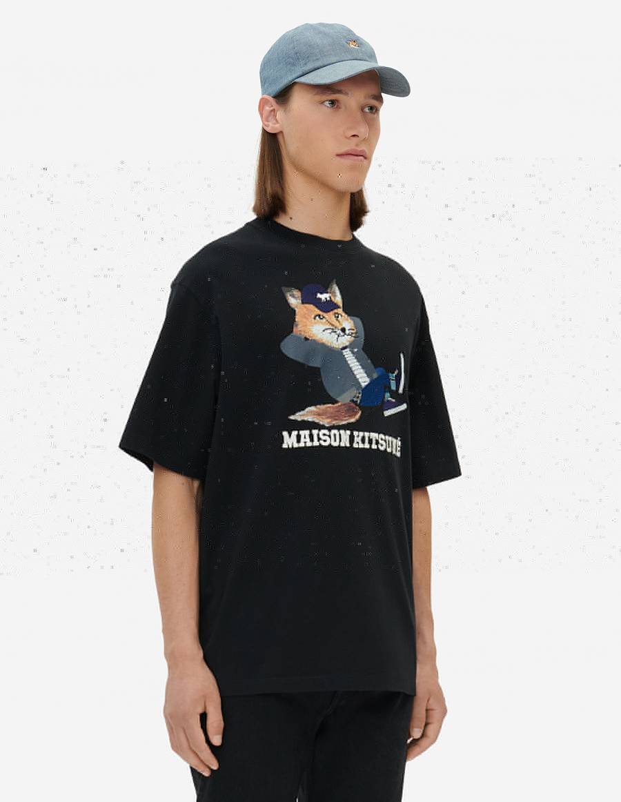 Black Men's Maison Kitsune Dressed Fox Print Easy T Shirts | AU-M0576