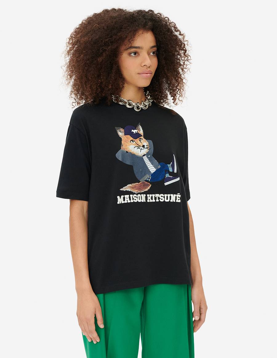 Black Men's Maison Kitsune Dressed Fox Print Easy T Shirts | AU-M0576