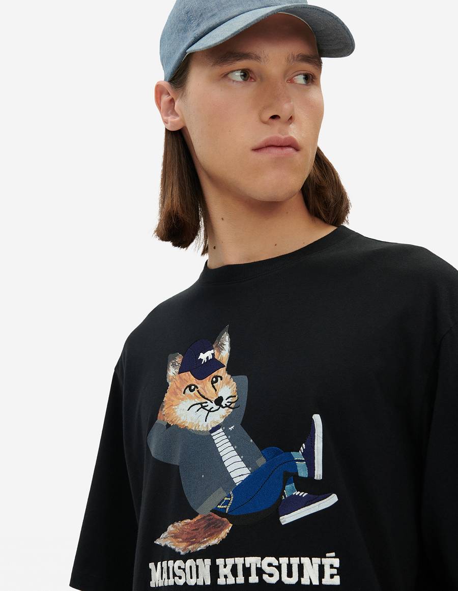 Black Men's Maison Kitsune Dressed Fox Print Easy T Shirts | AU-M0576