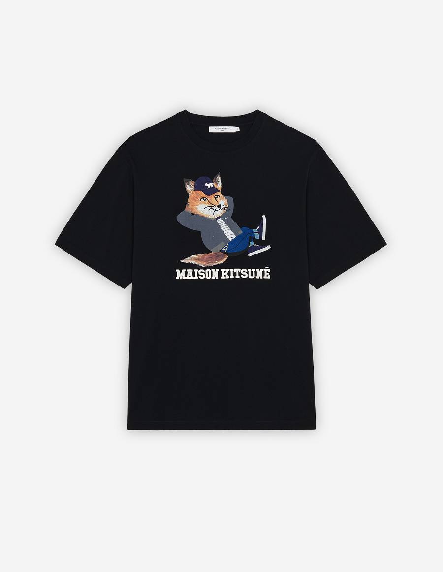 Black Men\'s Maison Kitsune Dressed Fox Print Easy T Shirts | AU-M0576