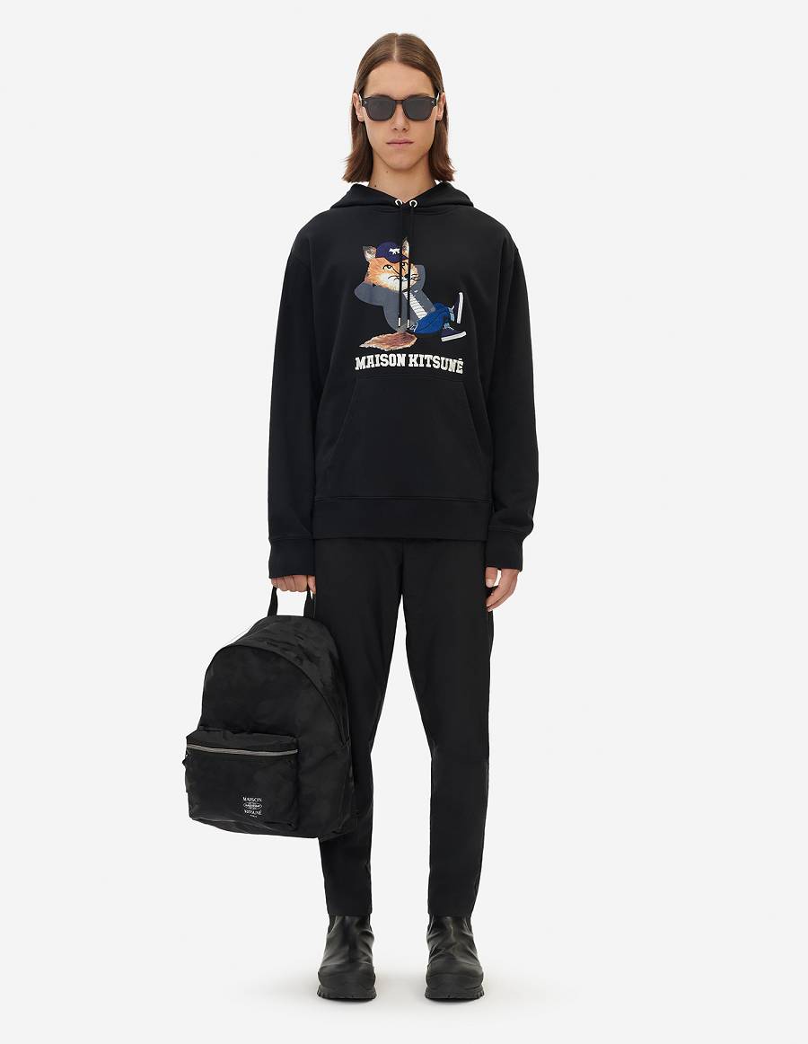 Black Men's Maison Kitsune Dressed Fox Print Relaxed Hoodies | AU-X0464