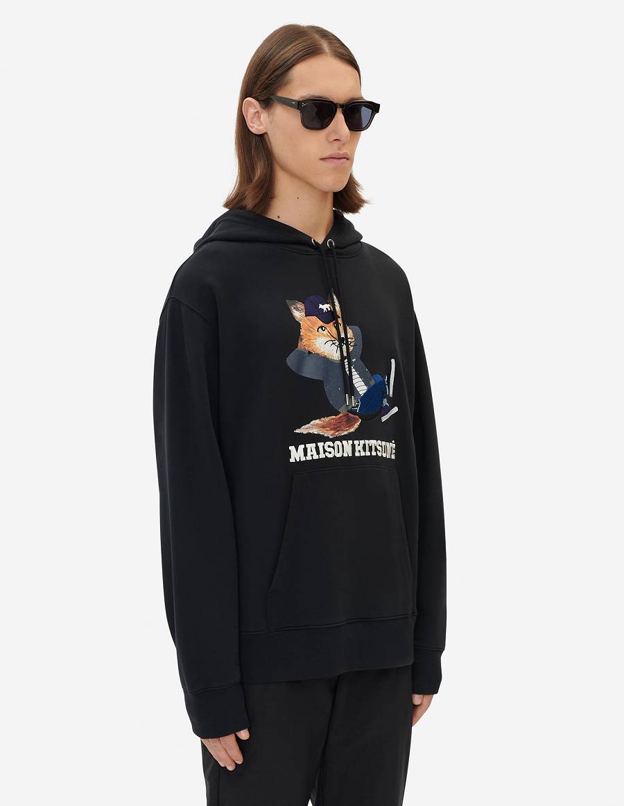 Black Men's Maison Kitsune Dressed Fox Print Relaxed Hoodies | AU-X0464