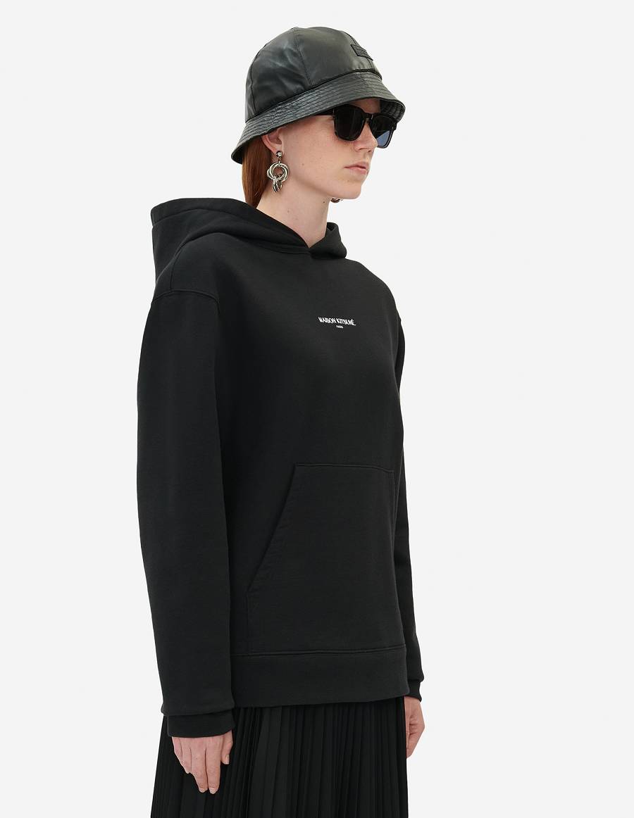 Black Men's Maison Kitsune Embroidered Cordless Hoodies | AU-B0229