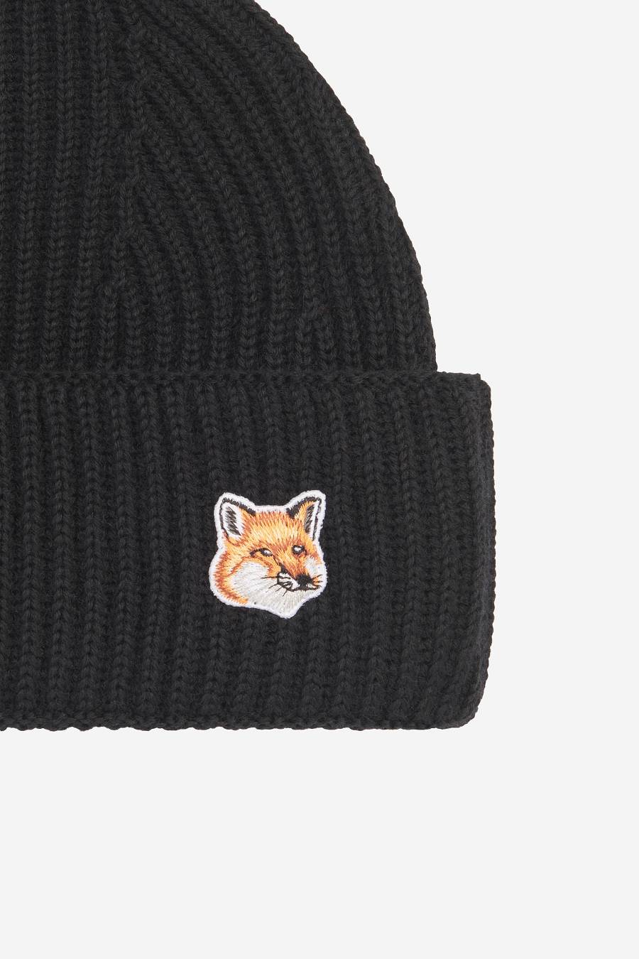 Black Men's Maison Kitsune Fox Head Patch Ribbed Hats | AU-W0368