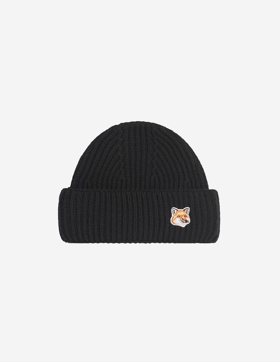 Black Men\'s Maison Kitsune Fox Head Patch Ribbed Hats | AU-W0368