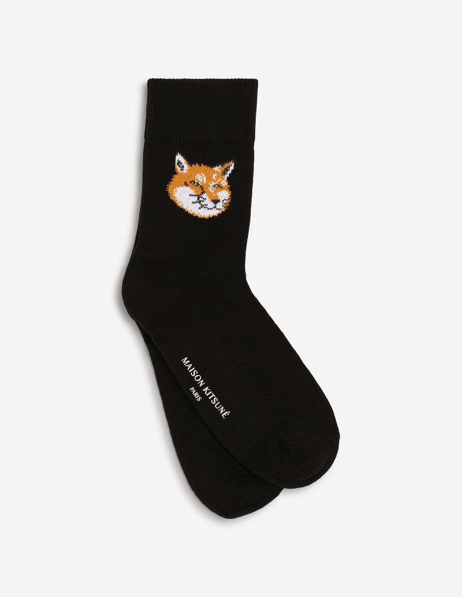 Black Men\'s Maison Kitsune Fox Head Socks | AU-P0239