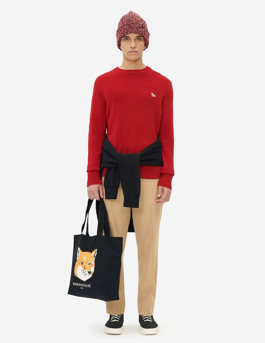 Black Men's Maison Kitsune Fox Head Tote Bags | AU-X464