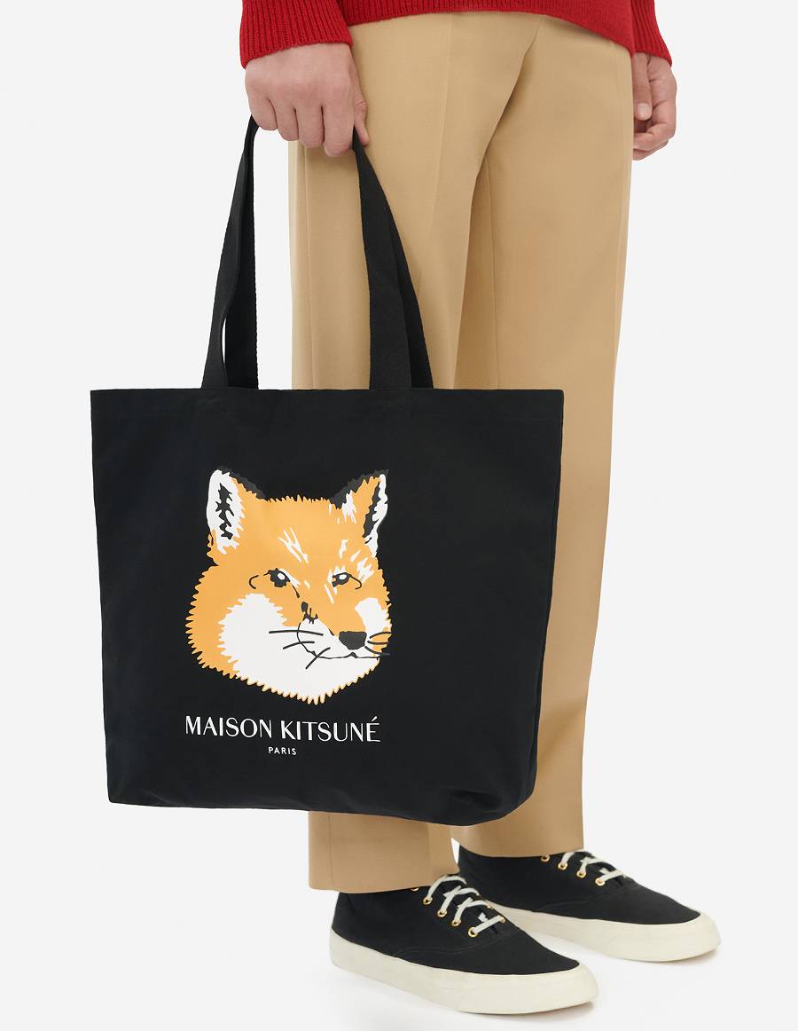 Black Men's Maison Kitsune Fox Head Tote Bags | AU-X464