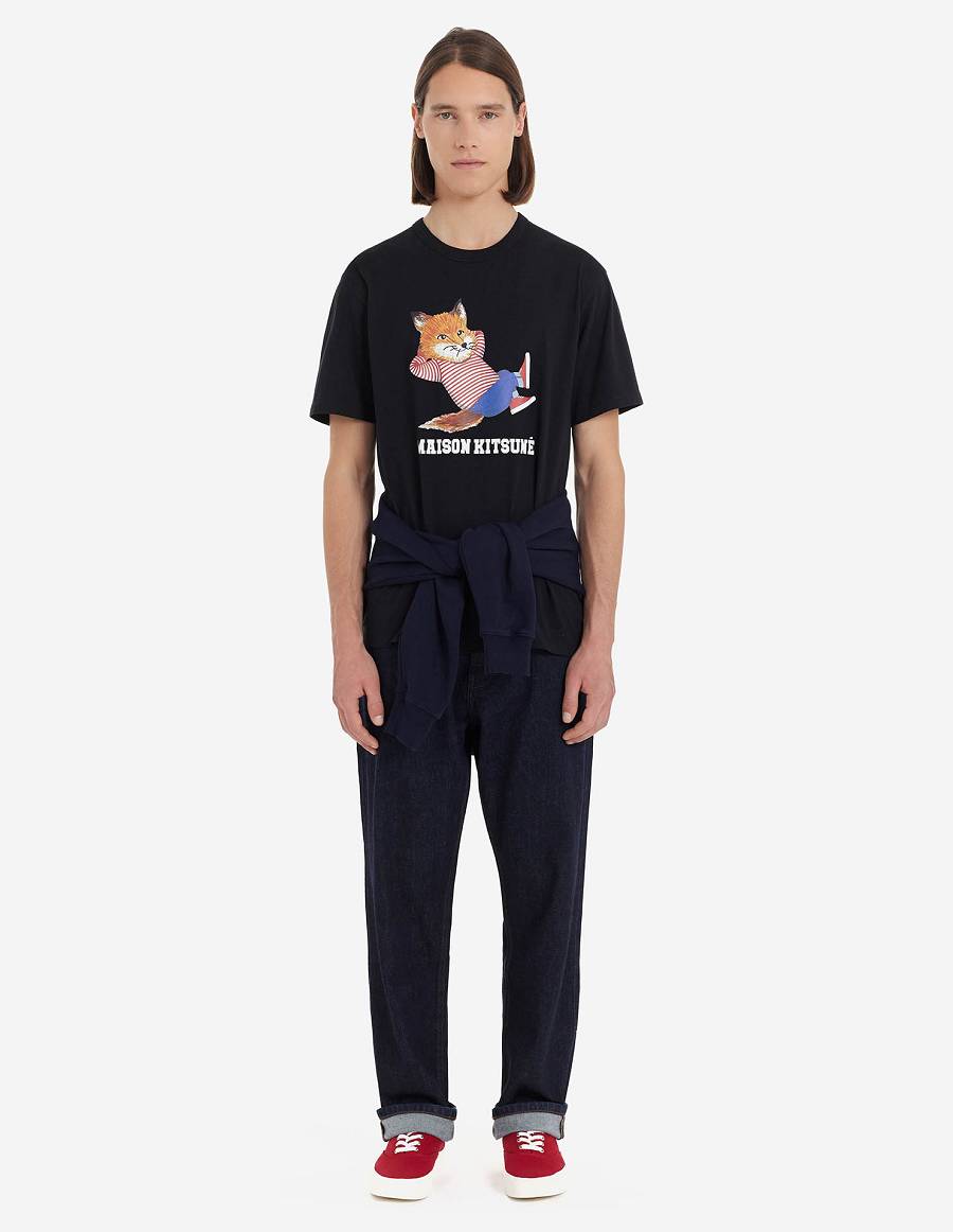 Black Men's Maison Kitsune Frenchie Dressed Fox Print Classic T Shirts | AU-E0961