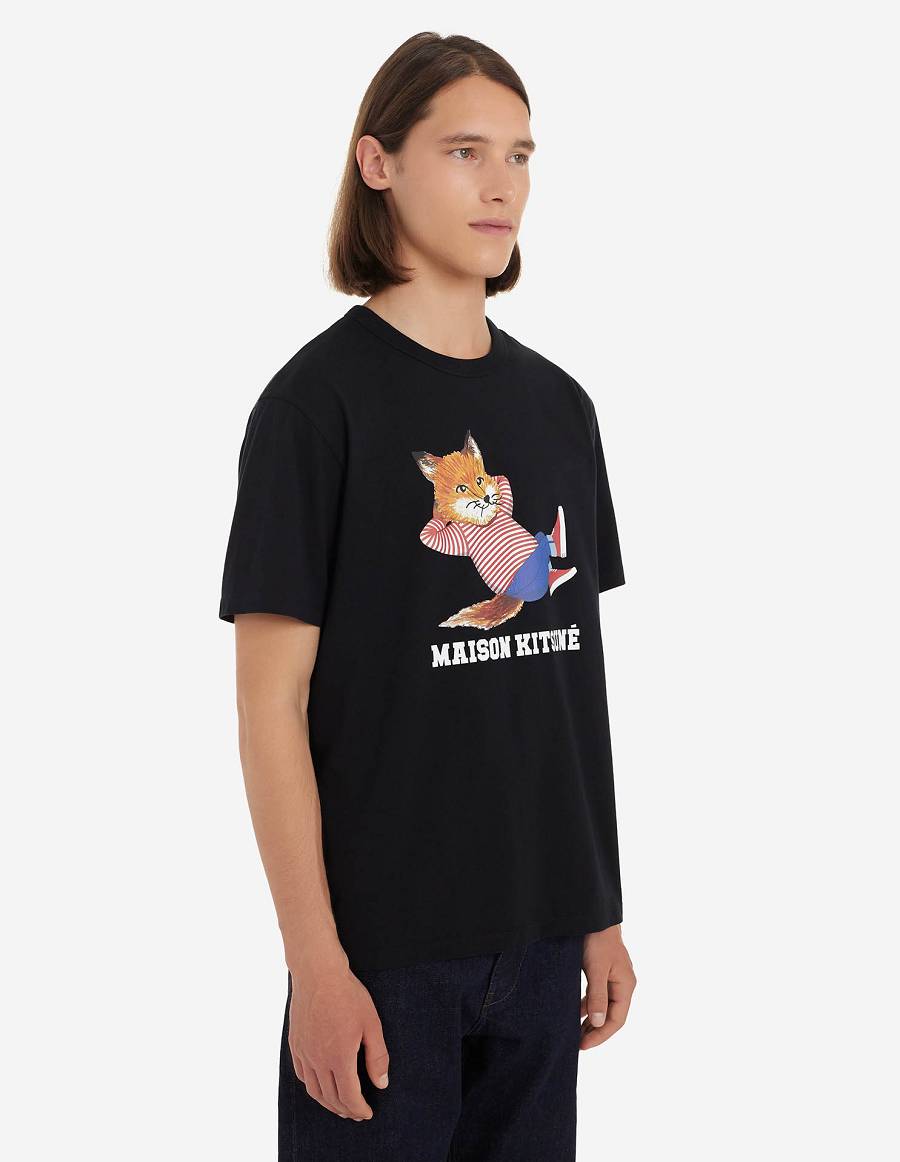 Black Men's Maison Kitsune Frenchie Dressed Fox Print Classic T Shirts | AU-E0961