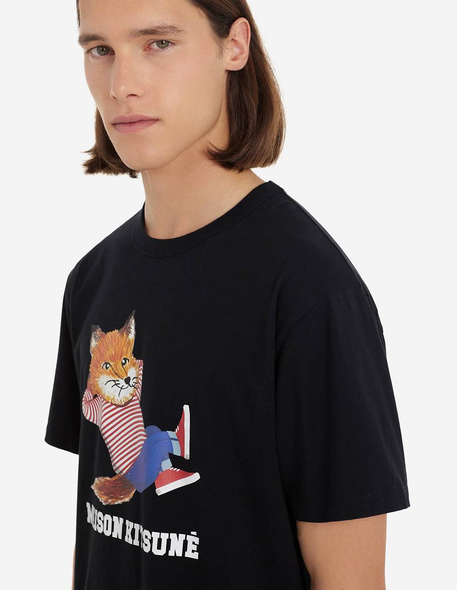 Black Men's Maison Kitsune Frenchie Dressed Fox Print Classic T Shirts | AU-E0961