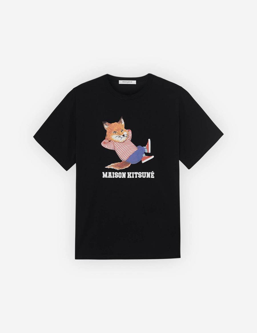 Black Men\'s Maison Kitsune Frenchie Dressed Fox Print Classic T Shirts | AU-E0961