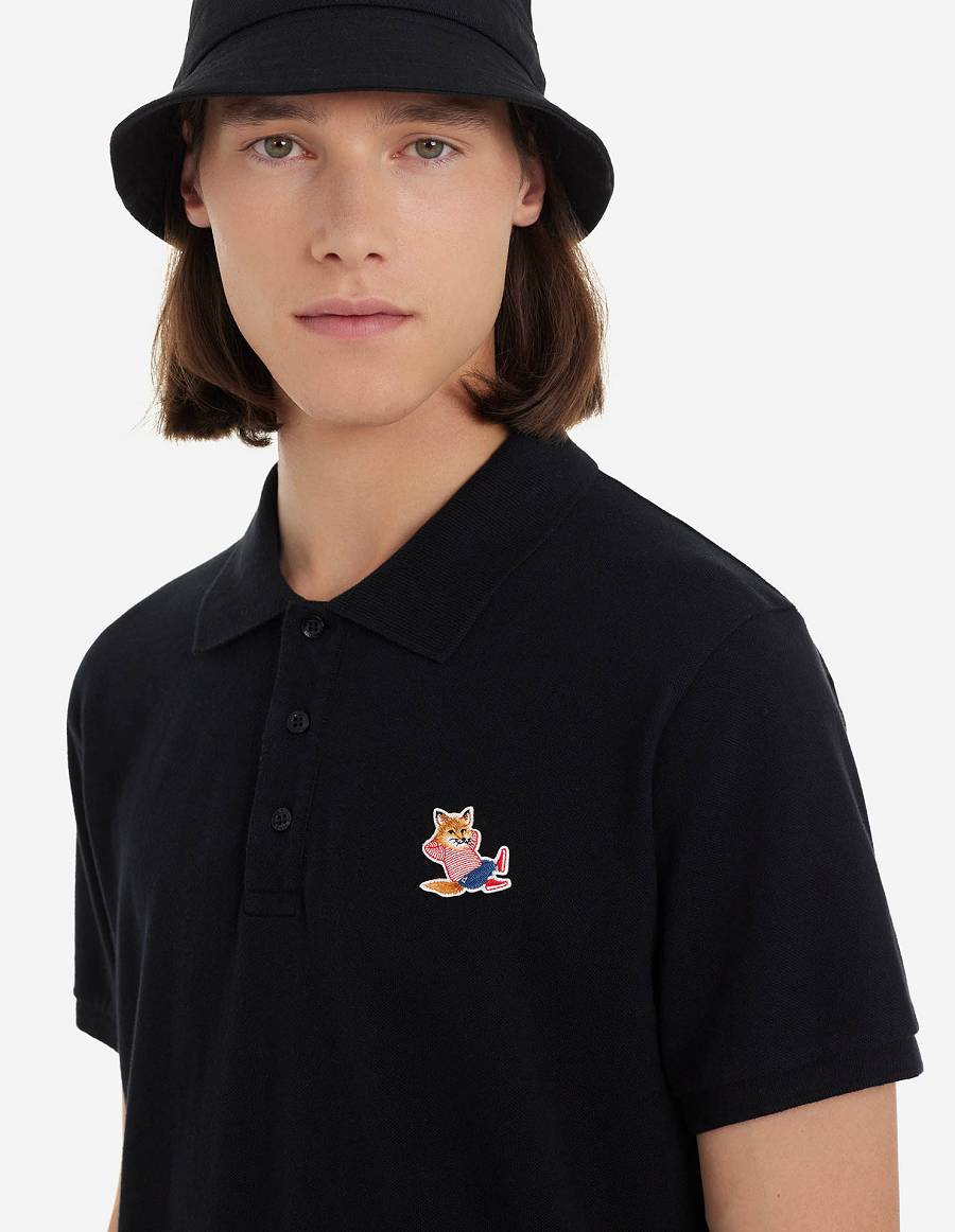 Black Men's Maison Kitsune Frenchie Dressed Fox Patch Classic Polo | AU-K0302