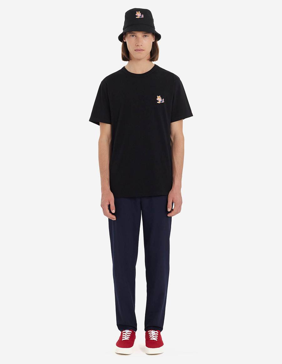 Black Men's Maison Kitsune Frenchie Dressed Fox Patch Classic T Shirts | AU-M0533