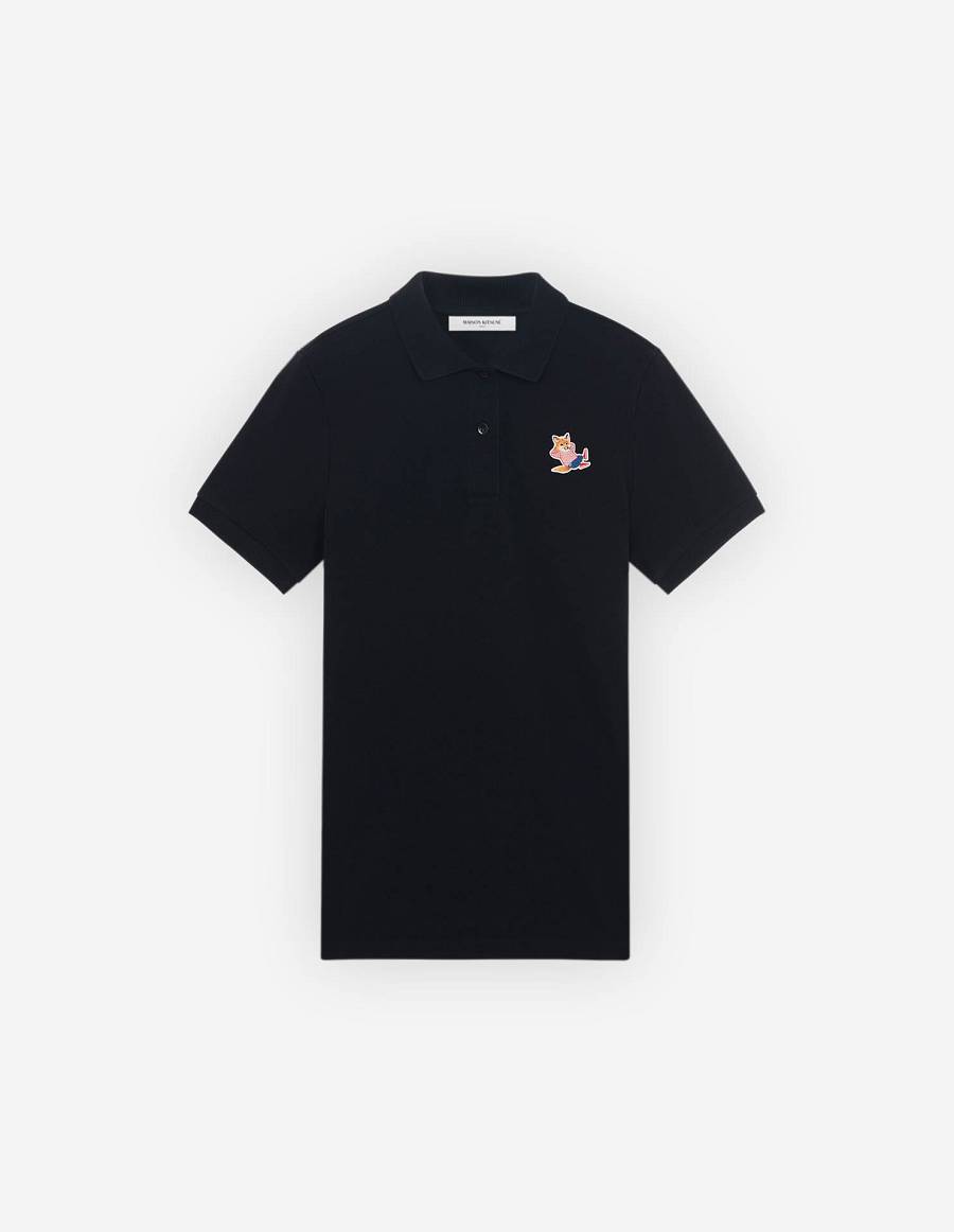 Black Men\'s Maison Kitsune Frenchie Dressed Fox Patch Classic Polo | AU-Q0717