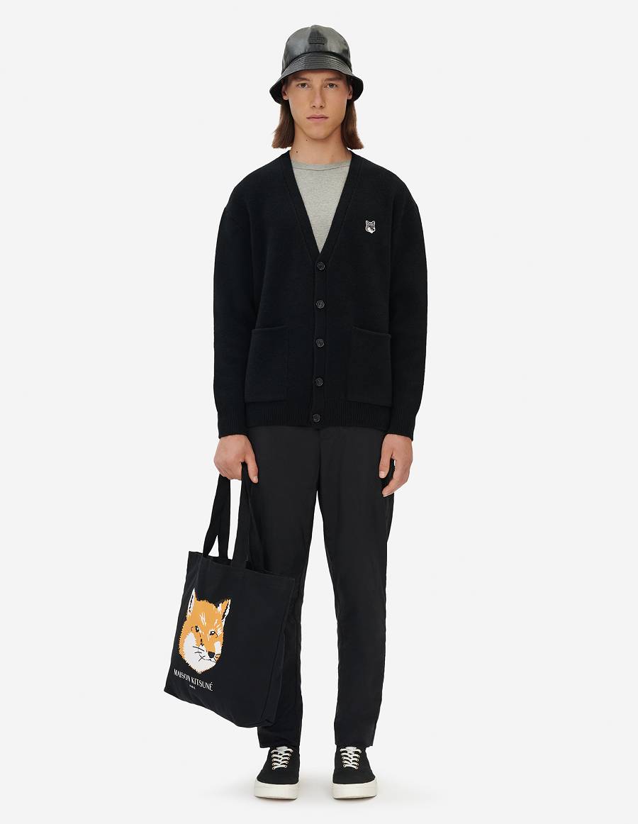 Black Men's Maison Kitsune Grey Fox Head Patch Relaxed Cardigan | AU-M0982