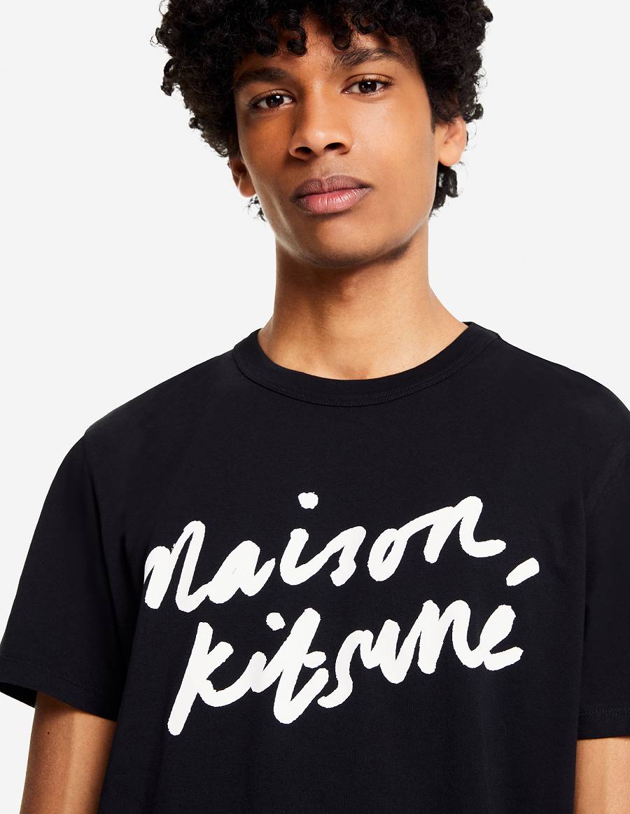 Black Men's Maison Kitsune Handwriting Classic T Shirts | AU-L0517