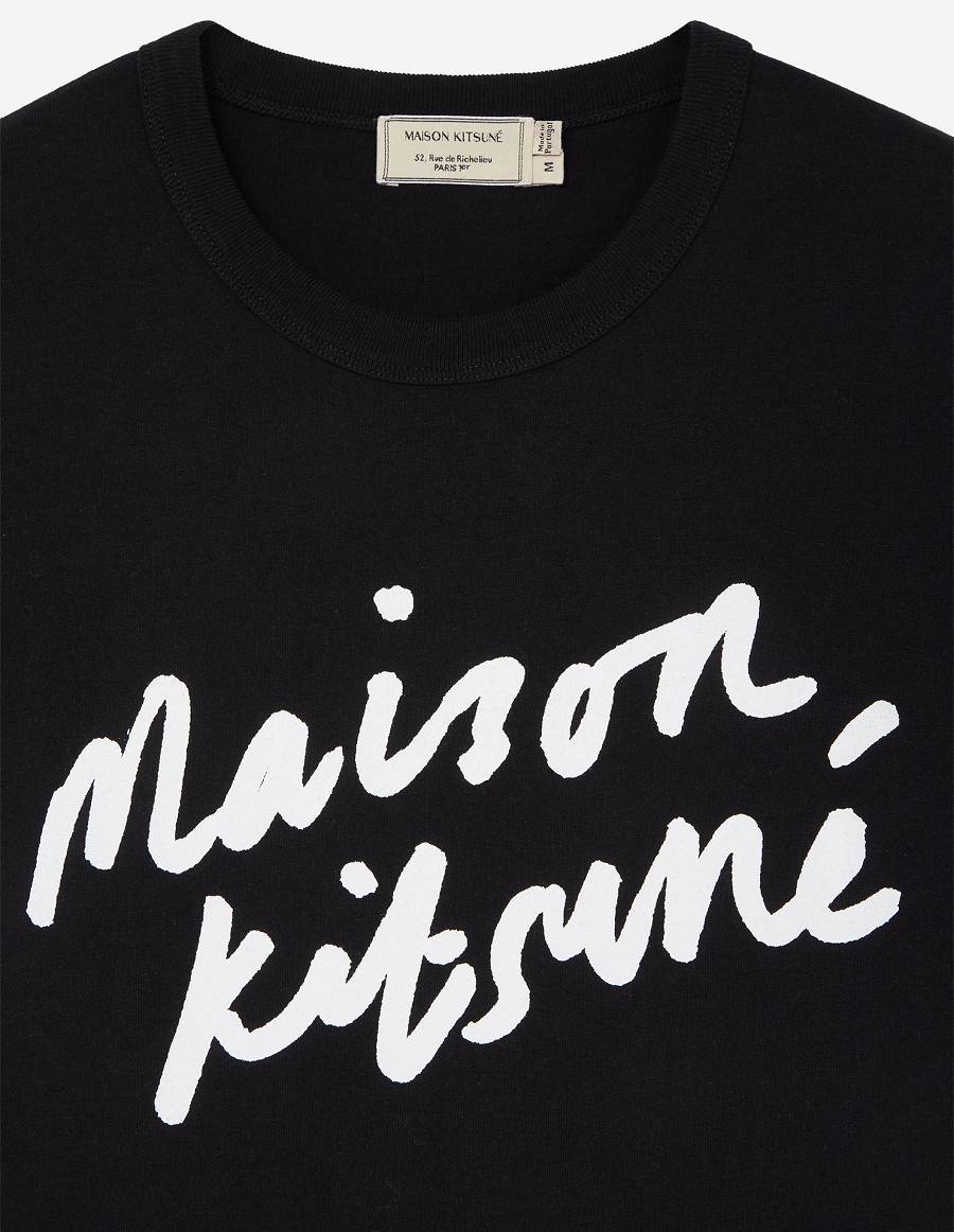 Black Men's Maison Kitsune Handwriting Classic T Shirts | AU-L0517