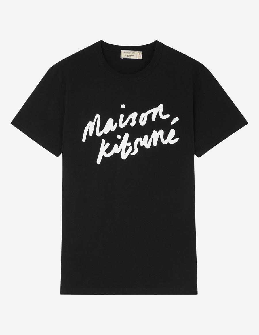 Black Men\'s Maison Kitsune Handwriting Classic T Shirts | AU-L0517