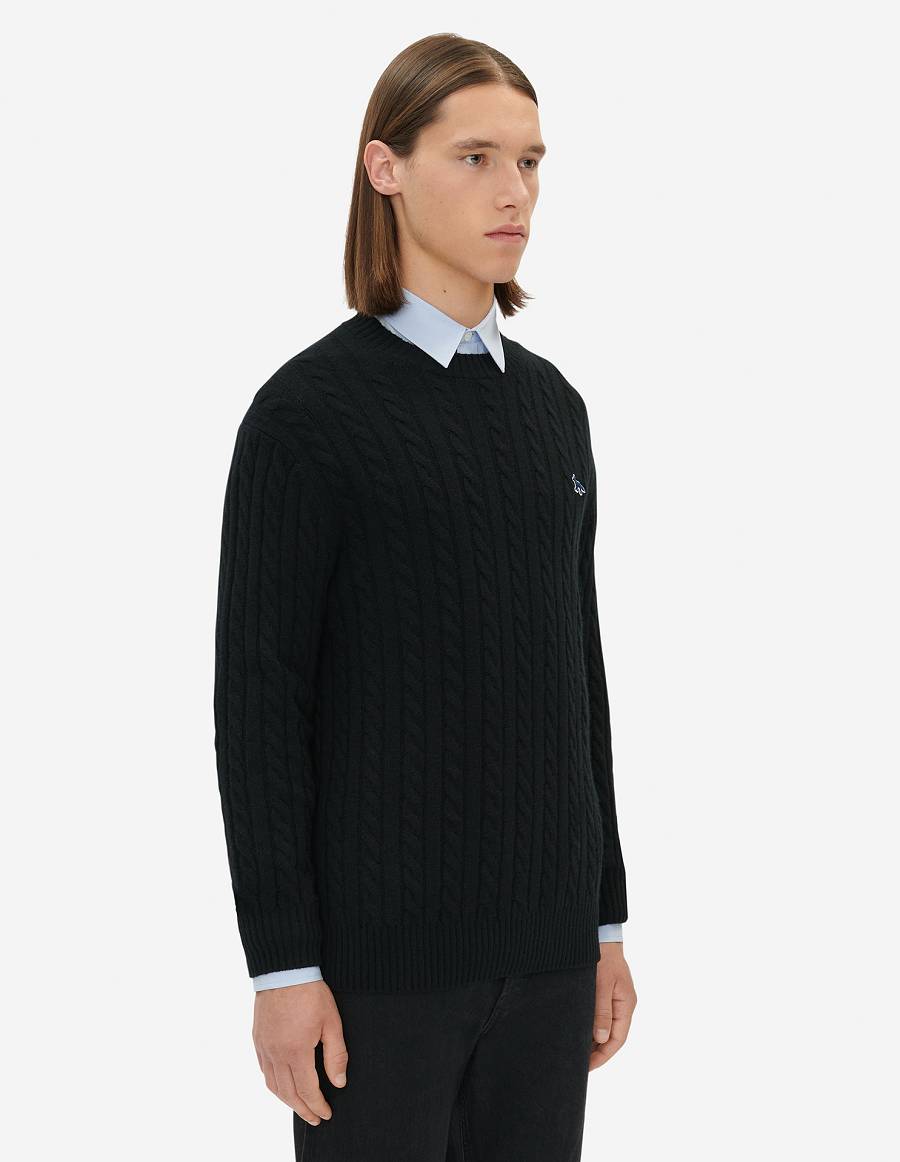 Black Men's Maison Kitsune Navy Fox Patch Classic R-neck Sweaters | AU-K0650