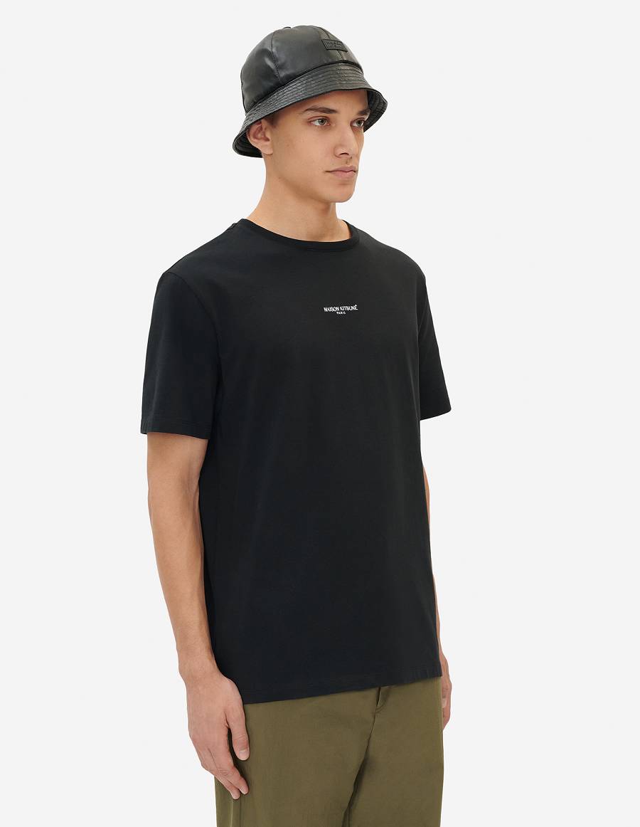 Black Men's Maison Kitsune Paris Embroidery Relaxed T Shirts | AU-S0677