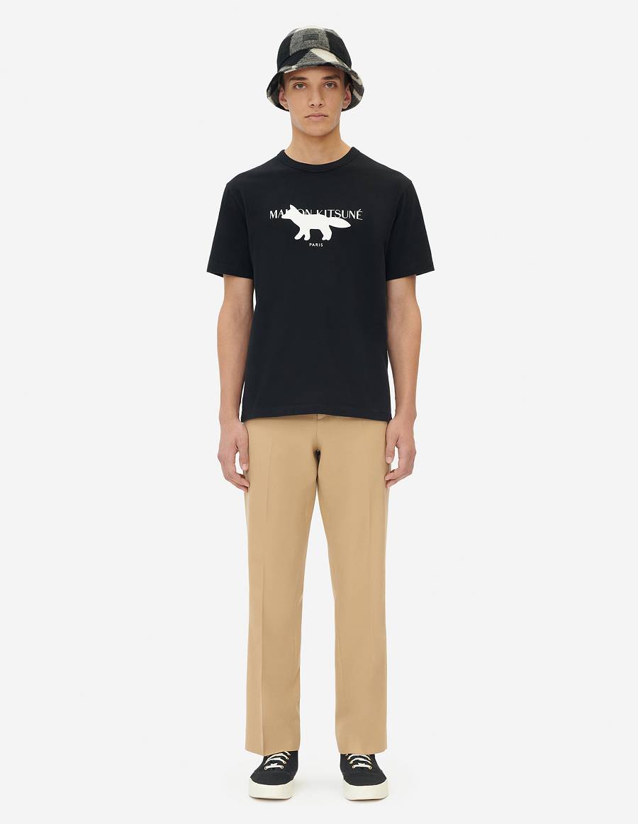 Black Men's Maison Kitsune Profile Fox Stamp Classic T Shirts | AU-O1131