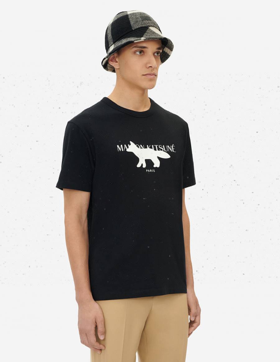 Black Men's Maison Kitsune Profile Fox Stamp Classic T Shirts | AU-O1131