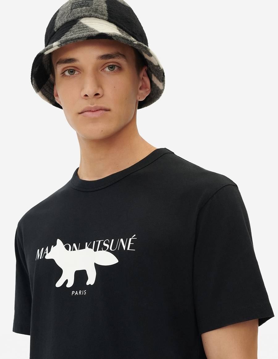 Black Men's Maison Kitsune Profile Fox Stamp Classic T Shirts | AU-O1131