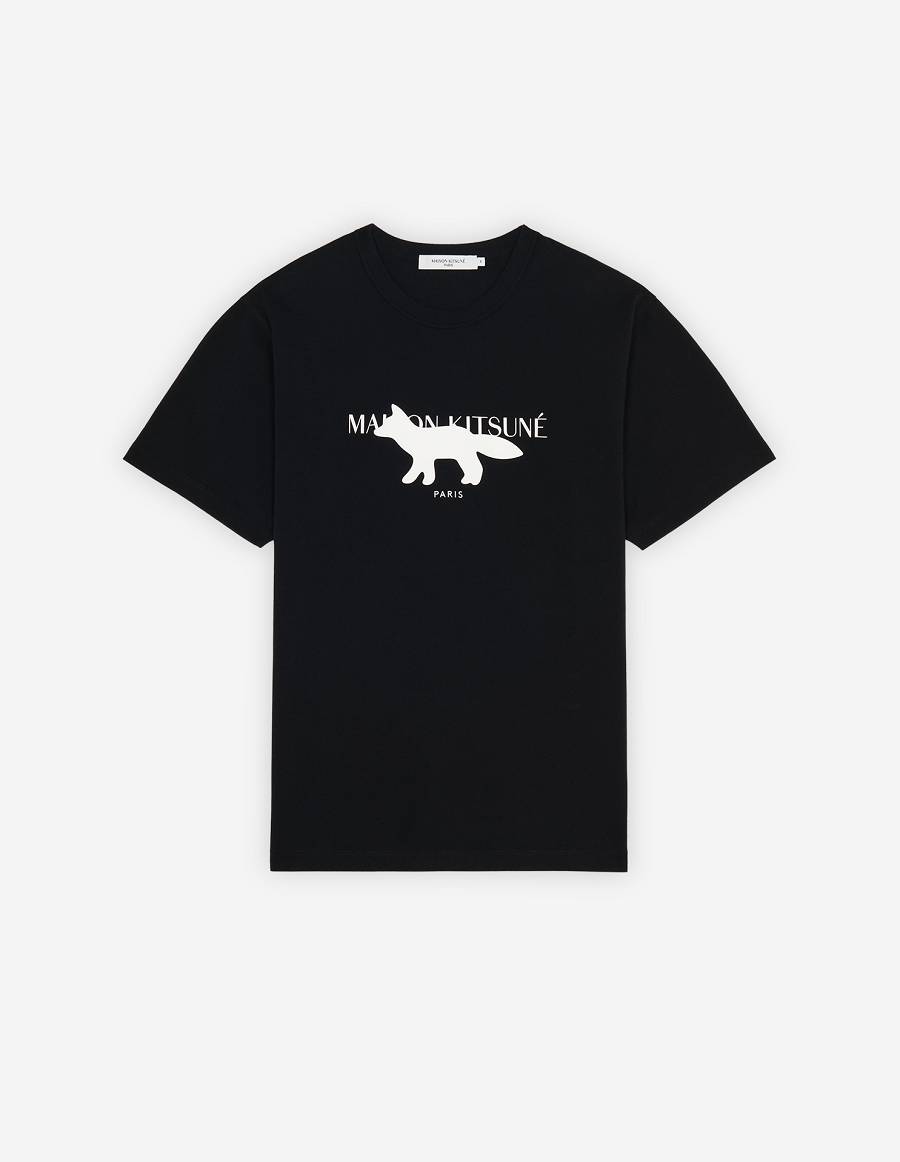 Black Men\'s Maison Kitsune Profile Fox Stamp Classic T Shirts | AU-O1131