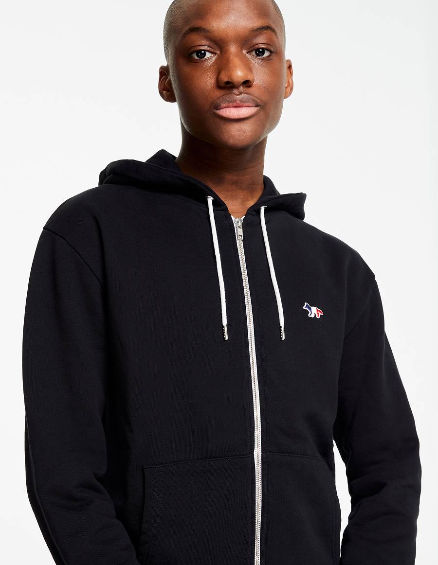 Black Men's Maison Kitsune Tricolor Fox Patch Zip Hoodies | AU-A0524