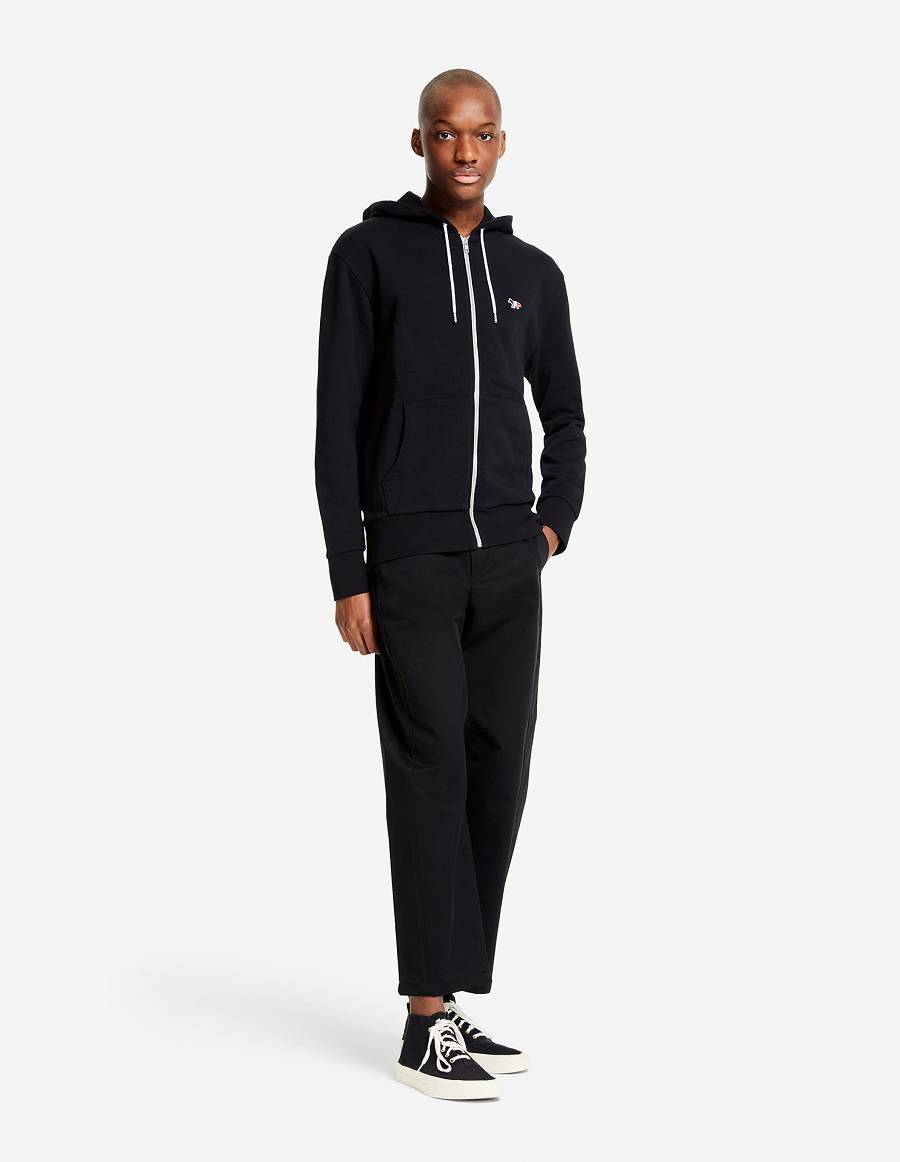 Black Men's Maison Kitsune Tricolor Fox Patch Zip Hoodies | AU-A0524