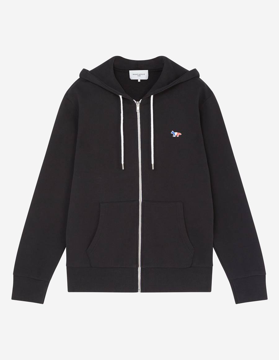 Black Men\'s Maison Kitsune Tricolor Fox Patch Zip Hoodies | AU-A0524