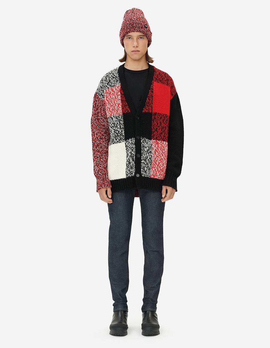 Black Red Men's Maison Kitsune Mouline Check Cardigan | AU-A0379