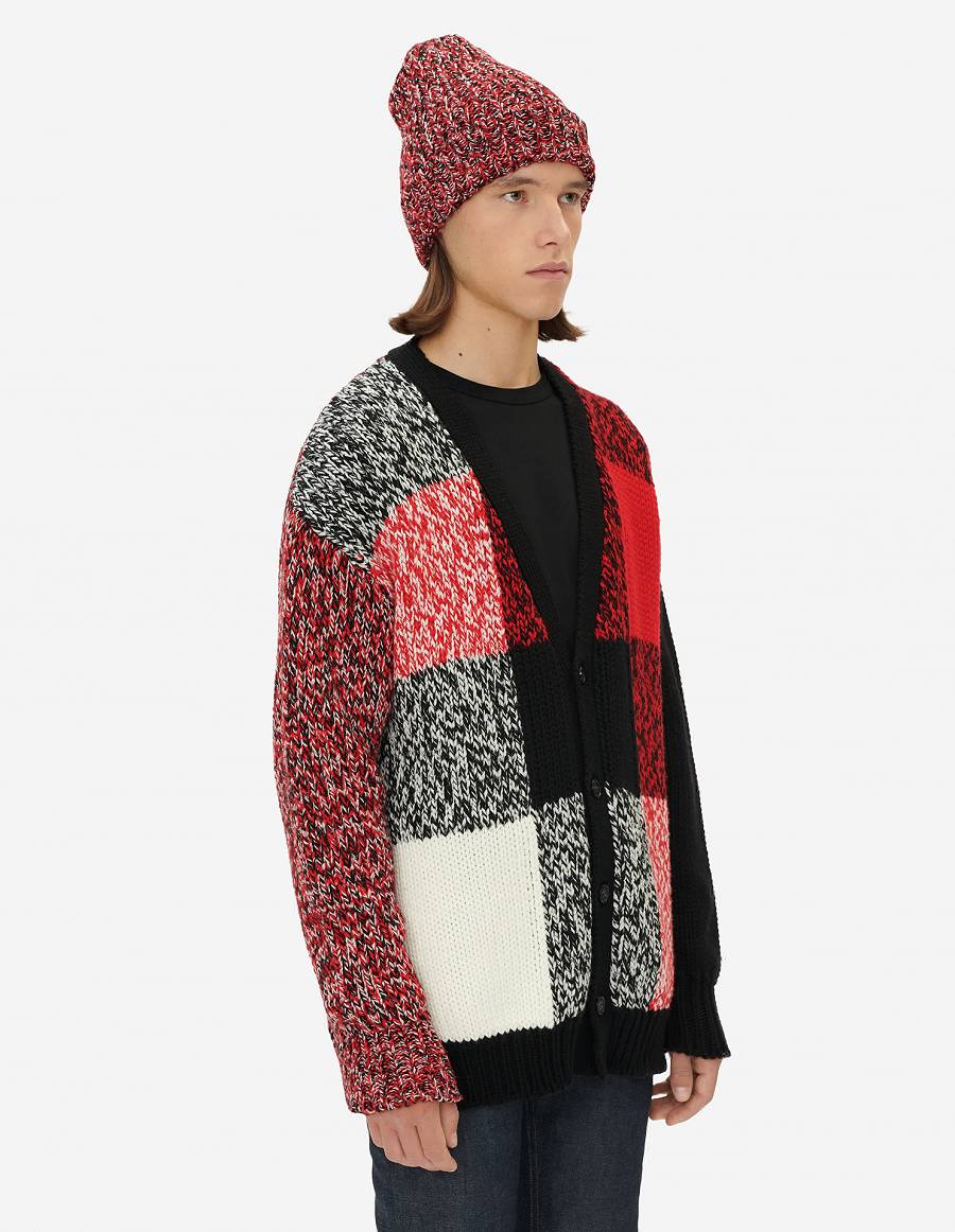 Black Red Men's Maison Kitsune Mouline Check Cardigan | AU-A0379