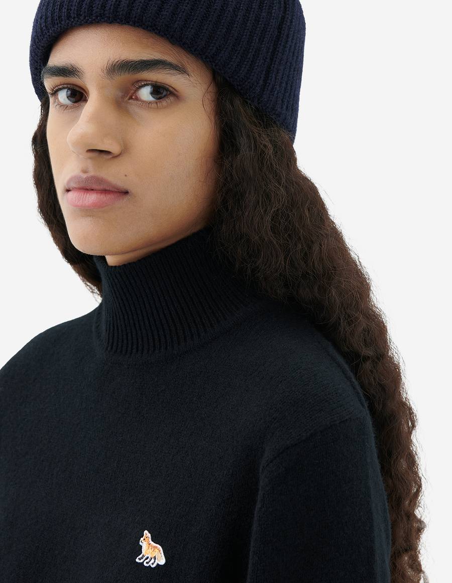 Black Women's Maison Kitsune Baby Fox Patch Boxy Turtleneck Sweaters | AU-C0782