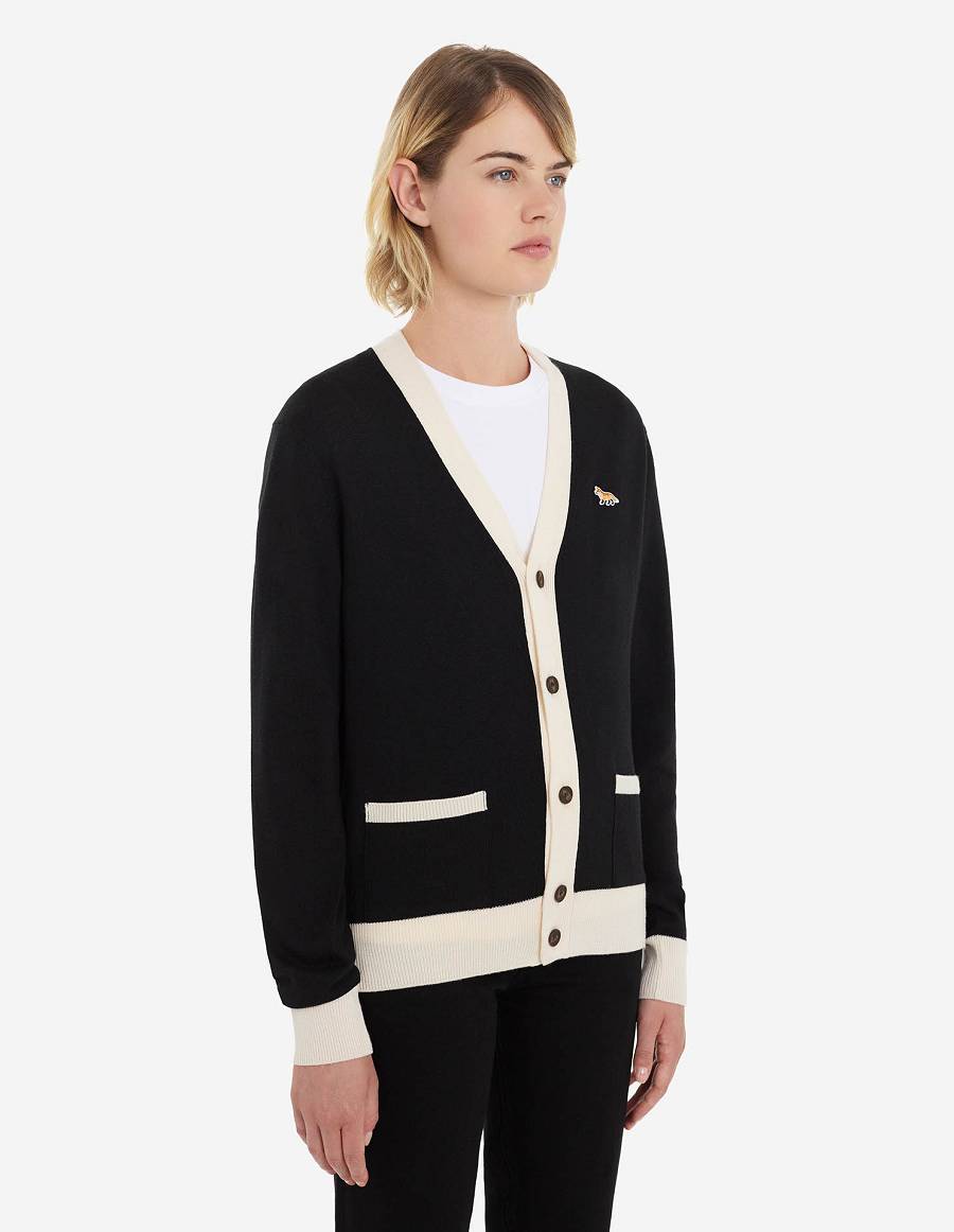 Black Women's Maison Kitsune Baby Fox Patch Bi-color Classic Cardigan | AU-M0910