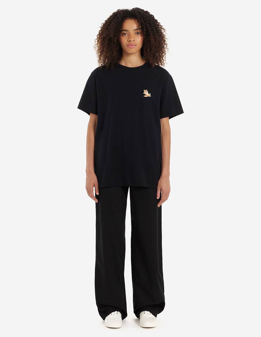 Black Women's Maison Kitsune Chillax Fox Patch Classic T Shirts | AU-C637