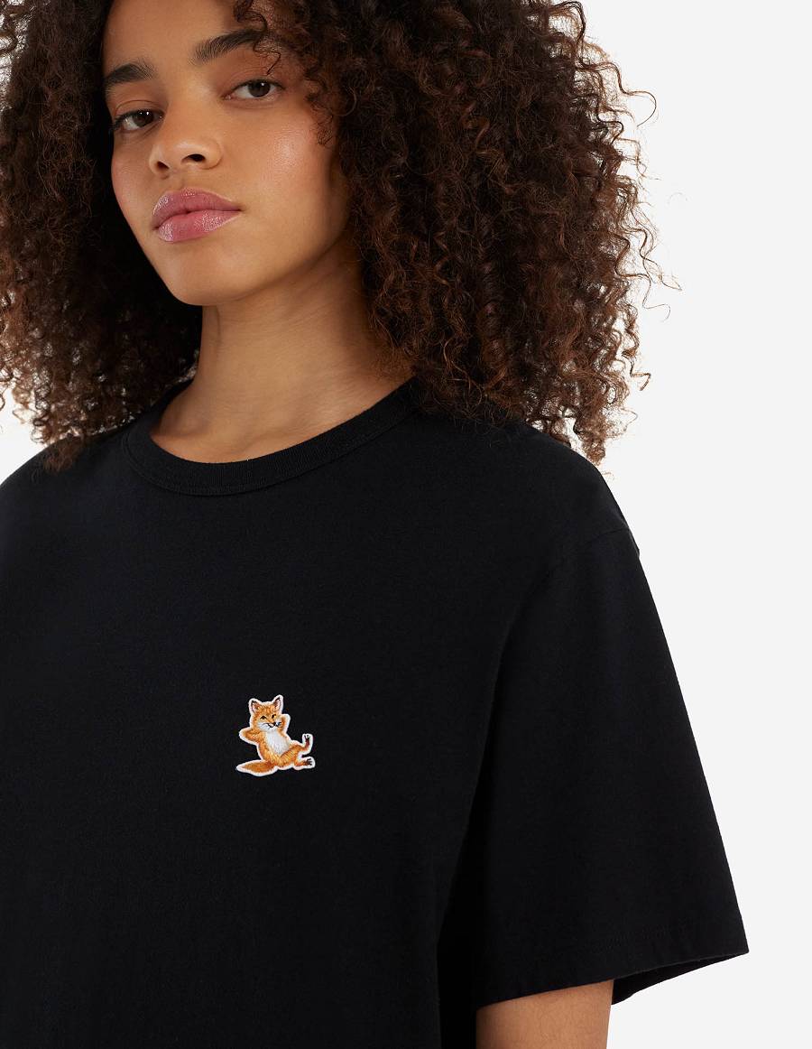 Black Women's Maison Kitsune Chillax Fox Patch Classic T Shirts | AU-C637