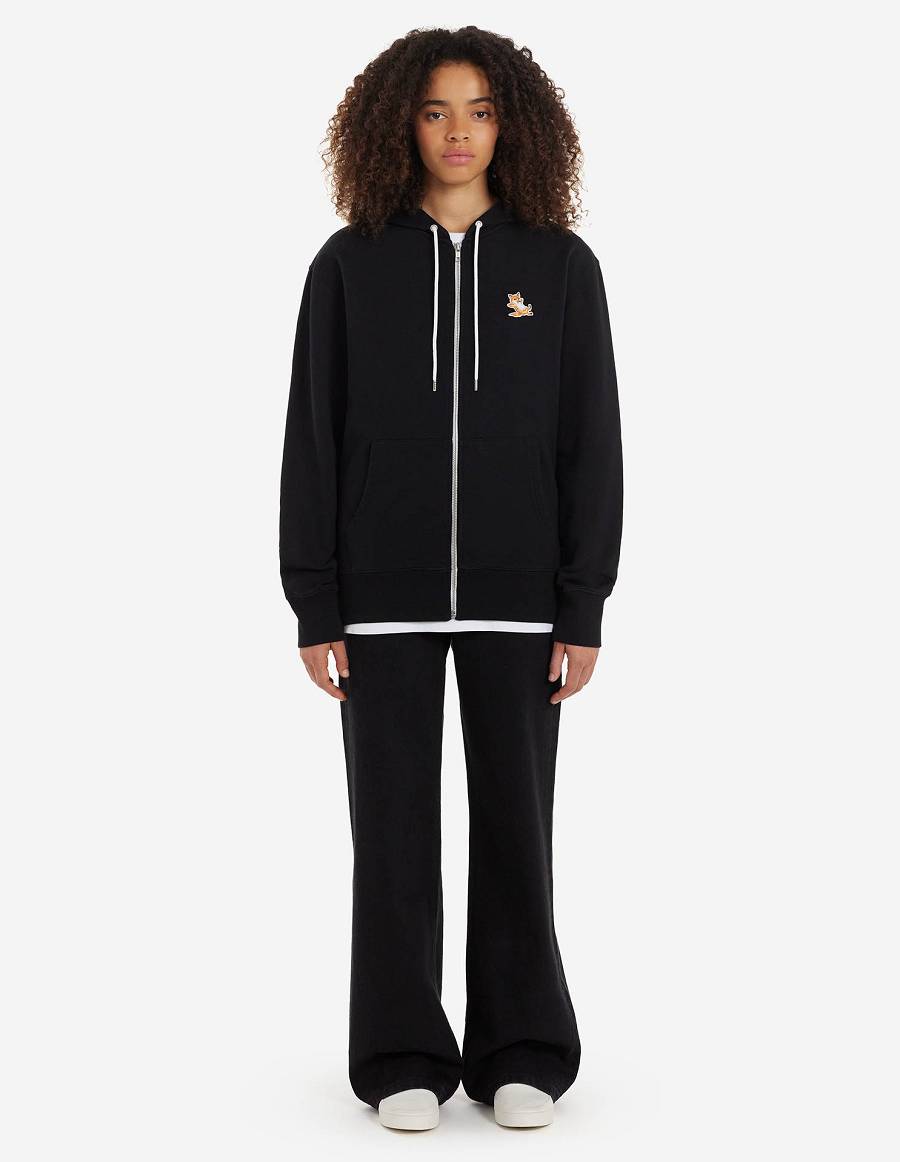 Black Women's Maison Kitsune Chillax Fox Patch Zipped Hoodies | AU-V0955