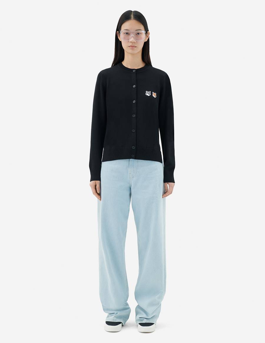 Black Women's Maison Kitsune Double Fox Head Patch R-neck Cardigan | AU-E0787