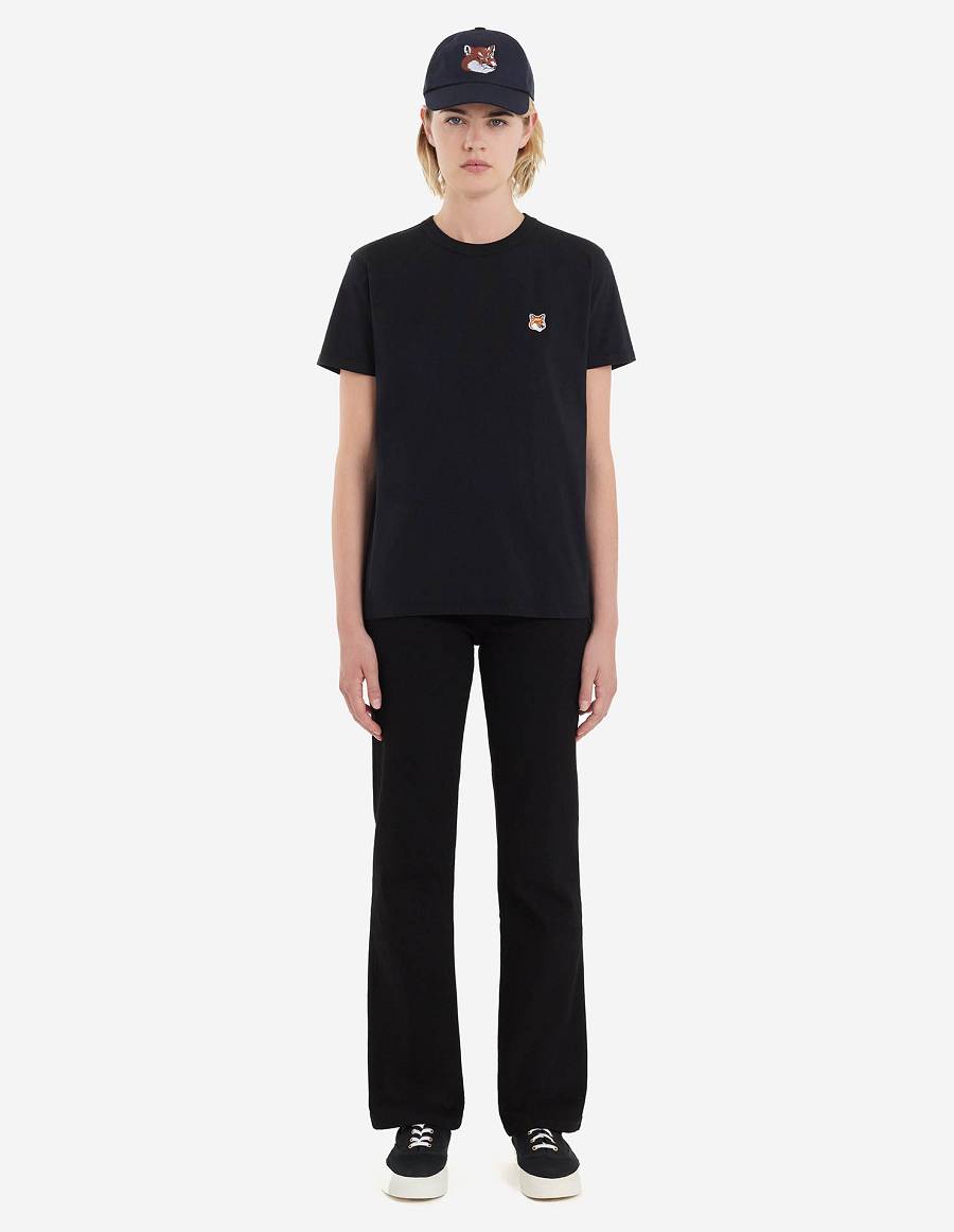 Black Women's Maison Kitsune Fox Head Patch Classic T Shirts | AU-Q0119