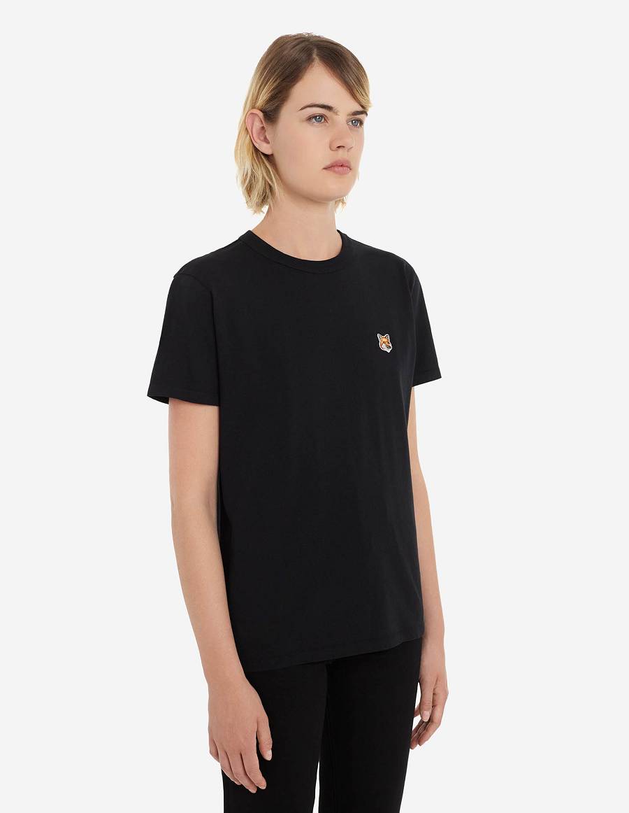 Black Women's Maison Kitsune Fox Head Patch Classic T Shirts | AU-Q0119