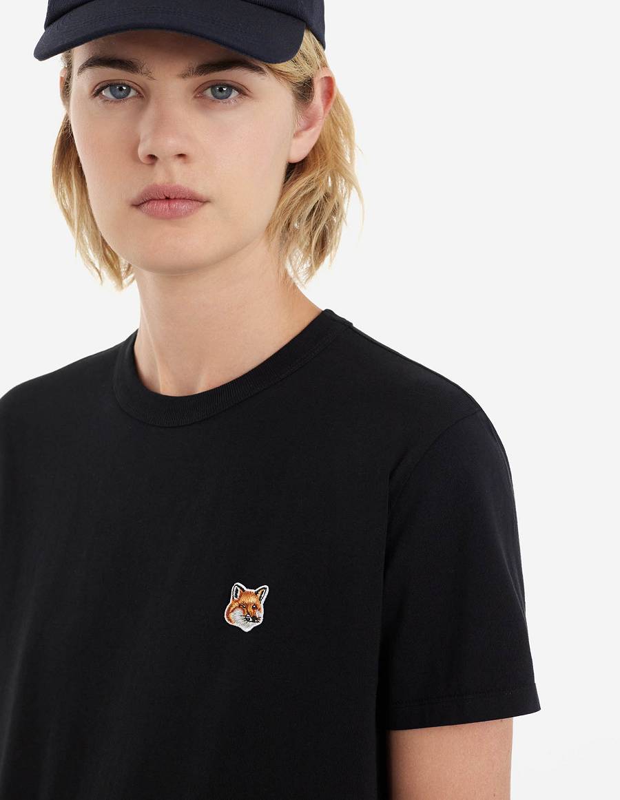 Black Women's Maison Kitsune Fox Head Patch Classic T Shirts | AU-Q0119