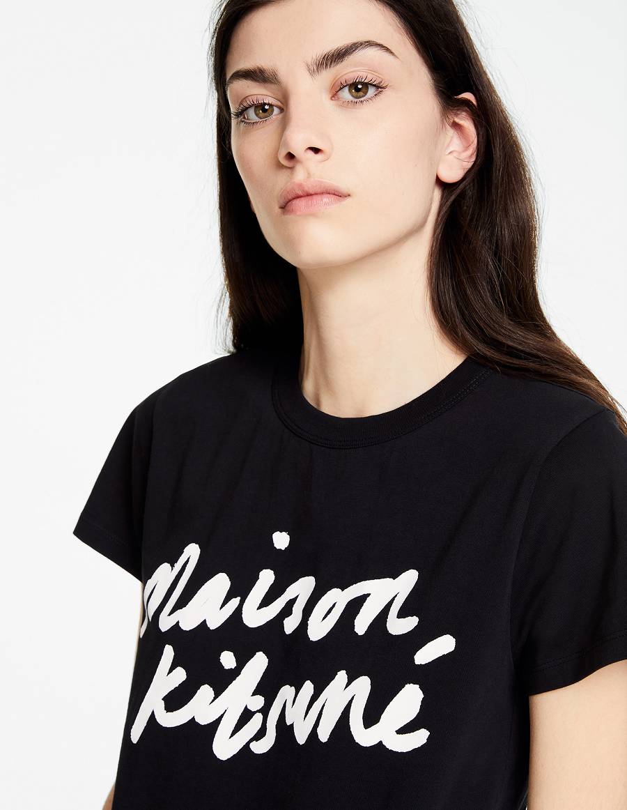 Black Women's Maison Kitsune Handwriting Classic T Shirts | AU-O1653