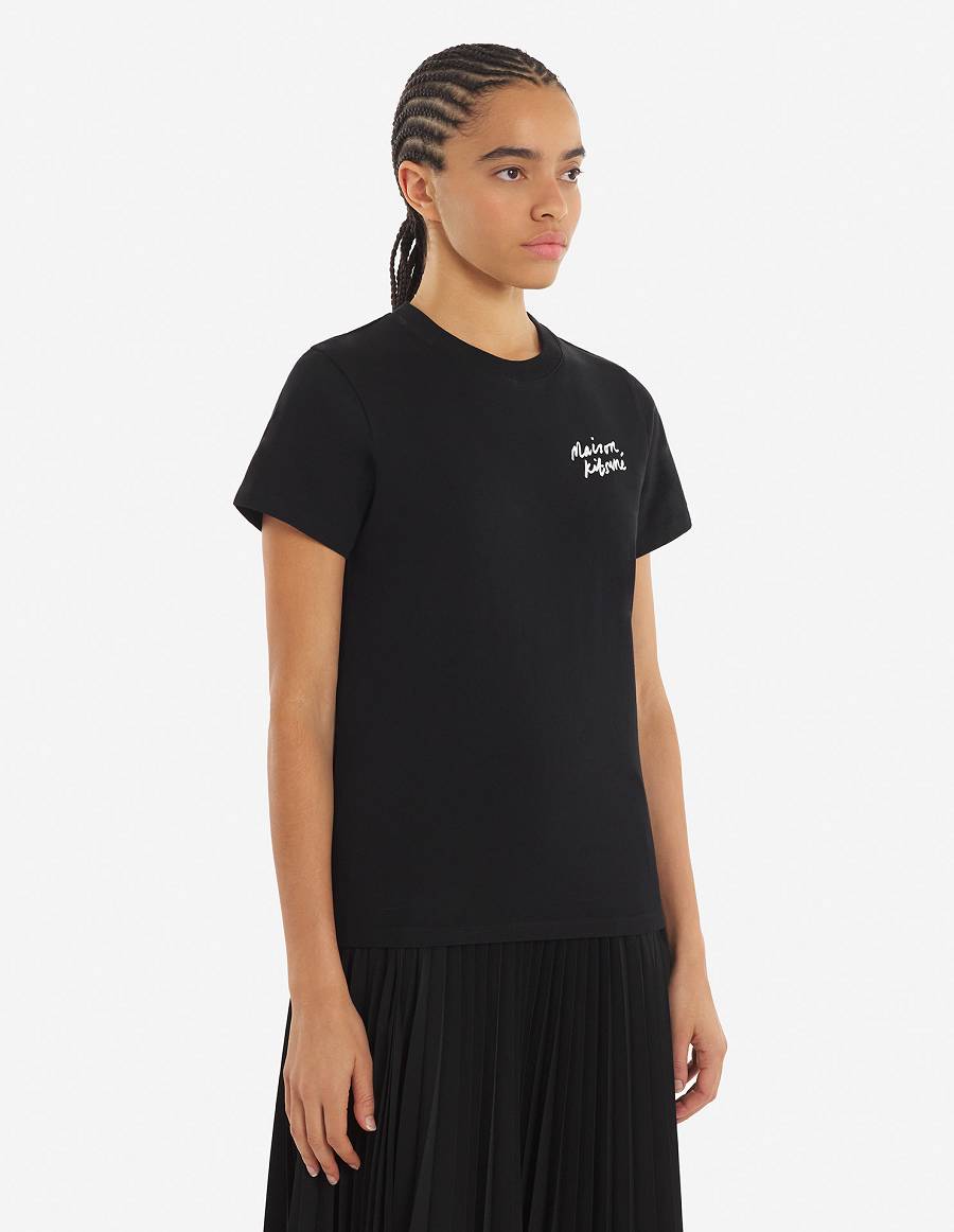 Black Women's Maison Kitsune Mini Handwriting Classic T Shirts | AU-S0652