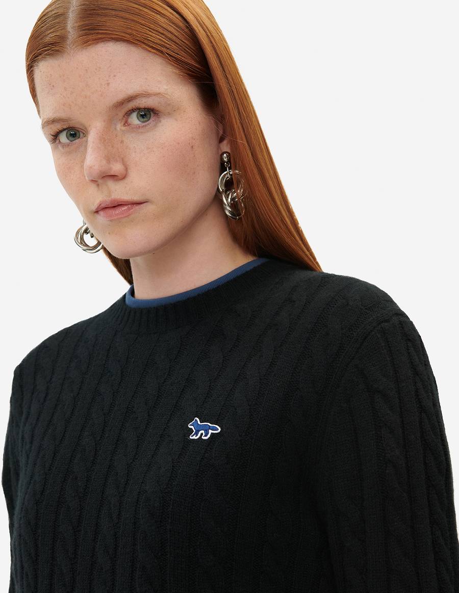 Black Women's Maison Kitsune Navy Fox Patch Classic R-neck Sweaters | AU-S0734