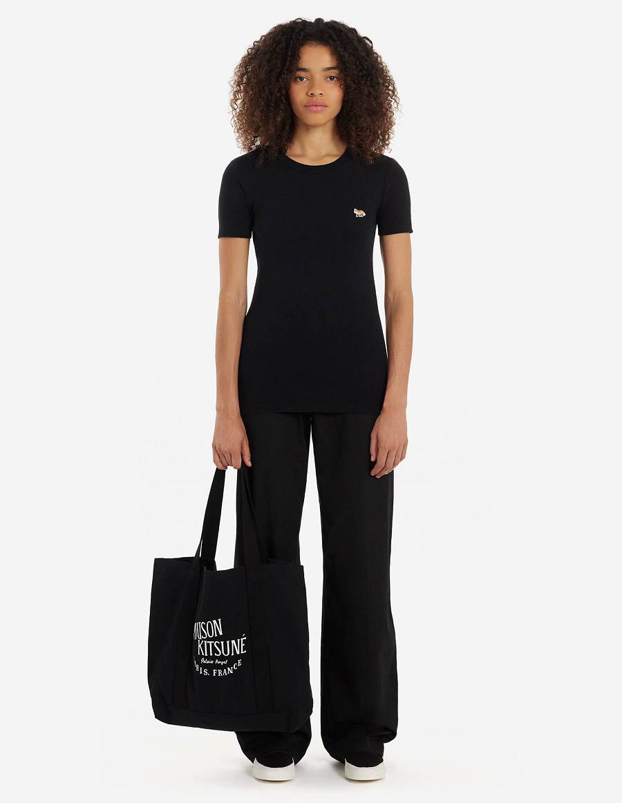 Black Women's Maison Kitsune Profile Fox Patch Fitted T Shirts | AU-L140