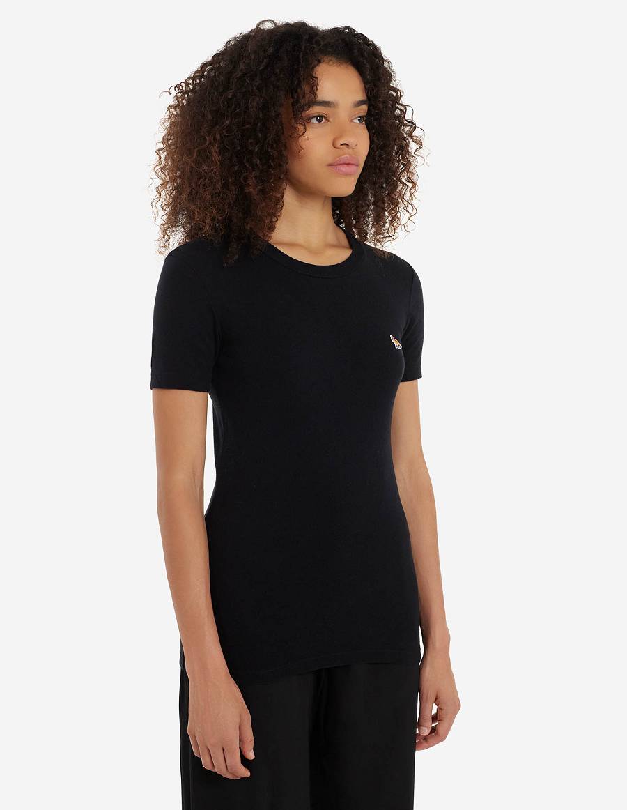 Black Women's Maison Kitsune Profile Fox Patch Fitted T Shirts | AU-L140